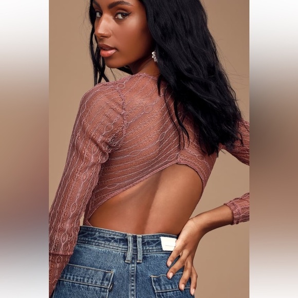 NWT - Lulu's Casita Mauve Pink Sheer Lace Long Sleeve Bodysuit - Picture 5 of 12